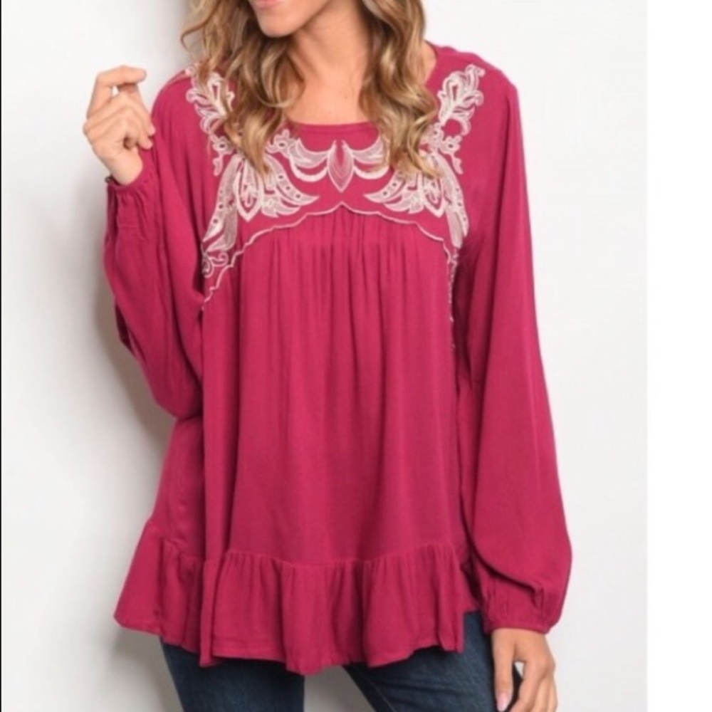 NWT Wine Embroidered Top
